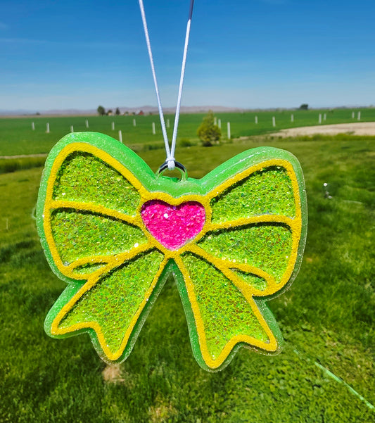 Green and yellow Bow Car Freshie- Scent Love Spell