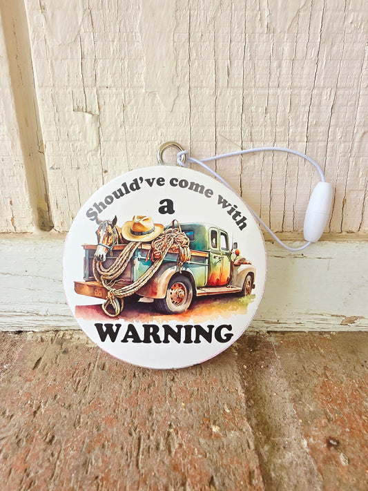 Warning Car Freshie- Scent Mahogany Teakwood