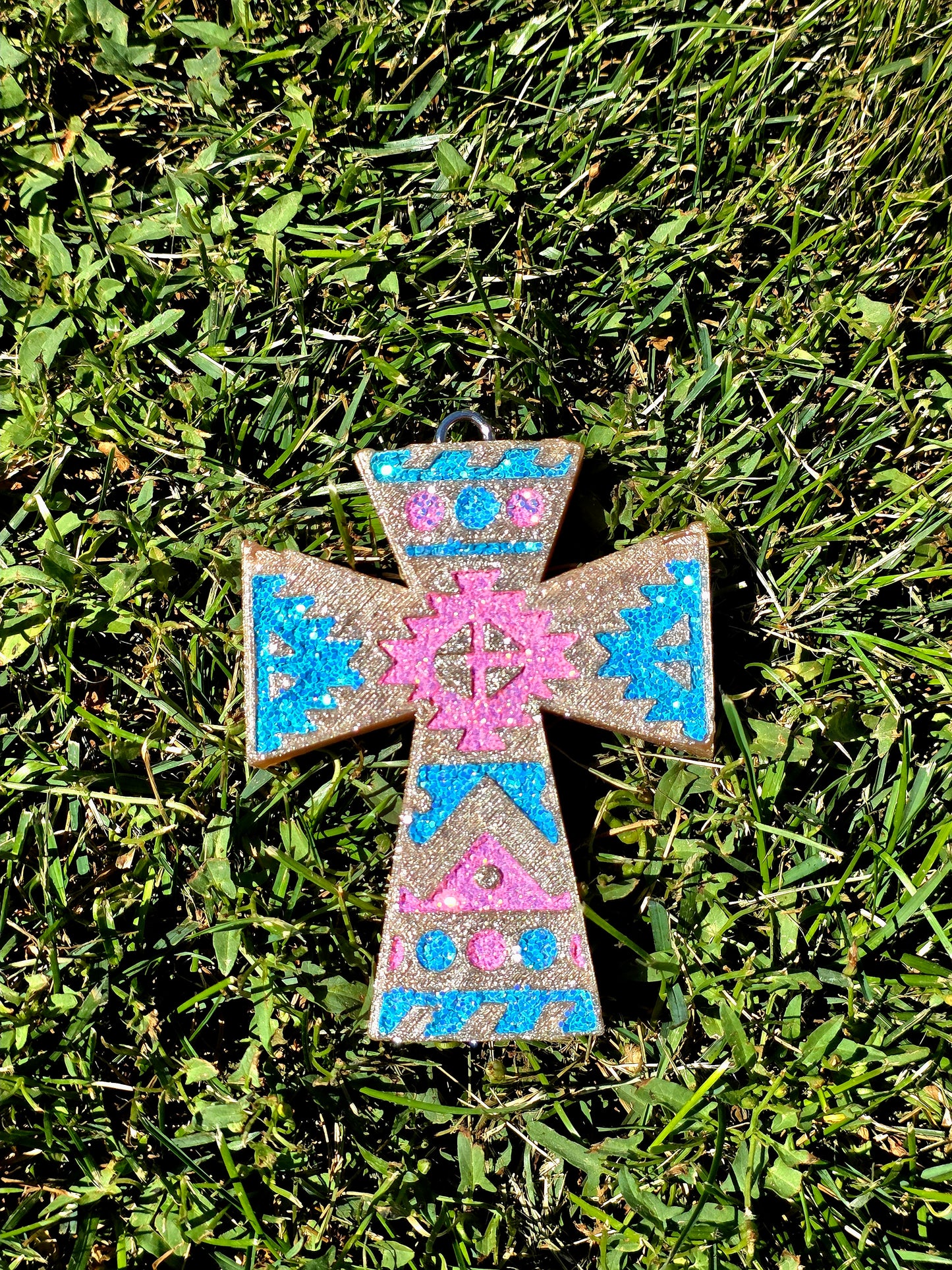 Aztec Cross ( turquoise glows in dark ) car freshie- Scent Strawberry Pound Cake