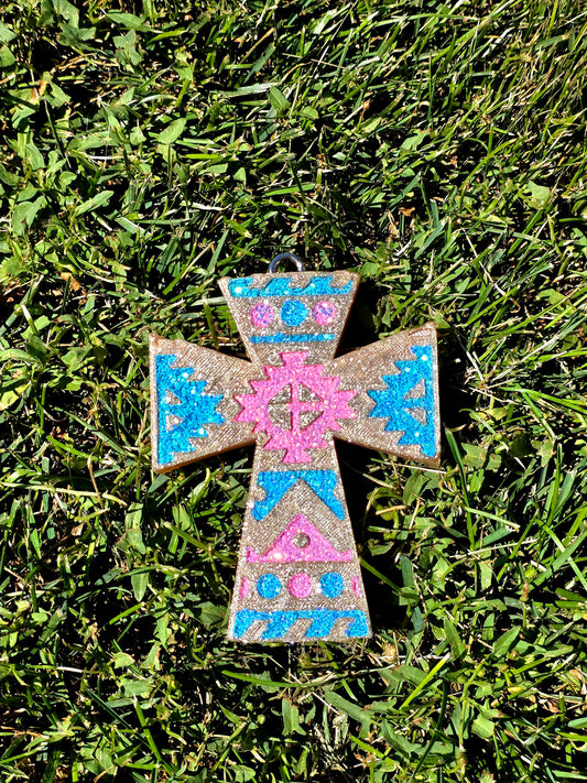 Aztec Cross ( turquoise glows in dark ) car freshie- Scent Strawberry Pound Cake