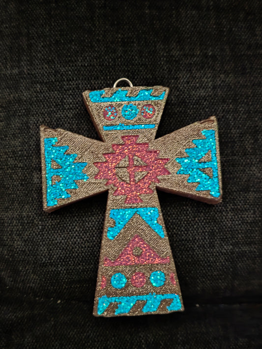 Aztec Cross ( turquoise glows in dark ) car freshie- Scent Strawberry Pound Cake